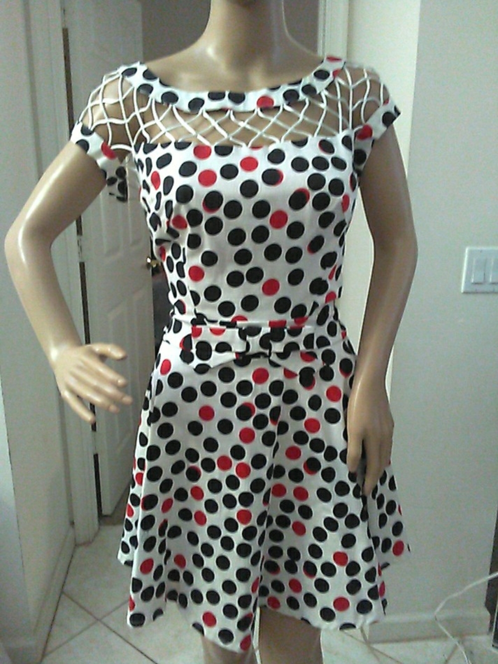 NWOT TATYANA White Polka Dot Fit-and-Flare Dress Black & Red Dots SZ. LG